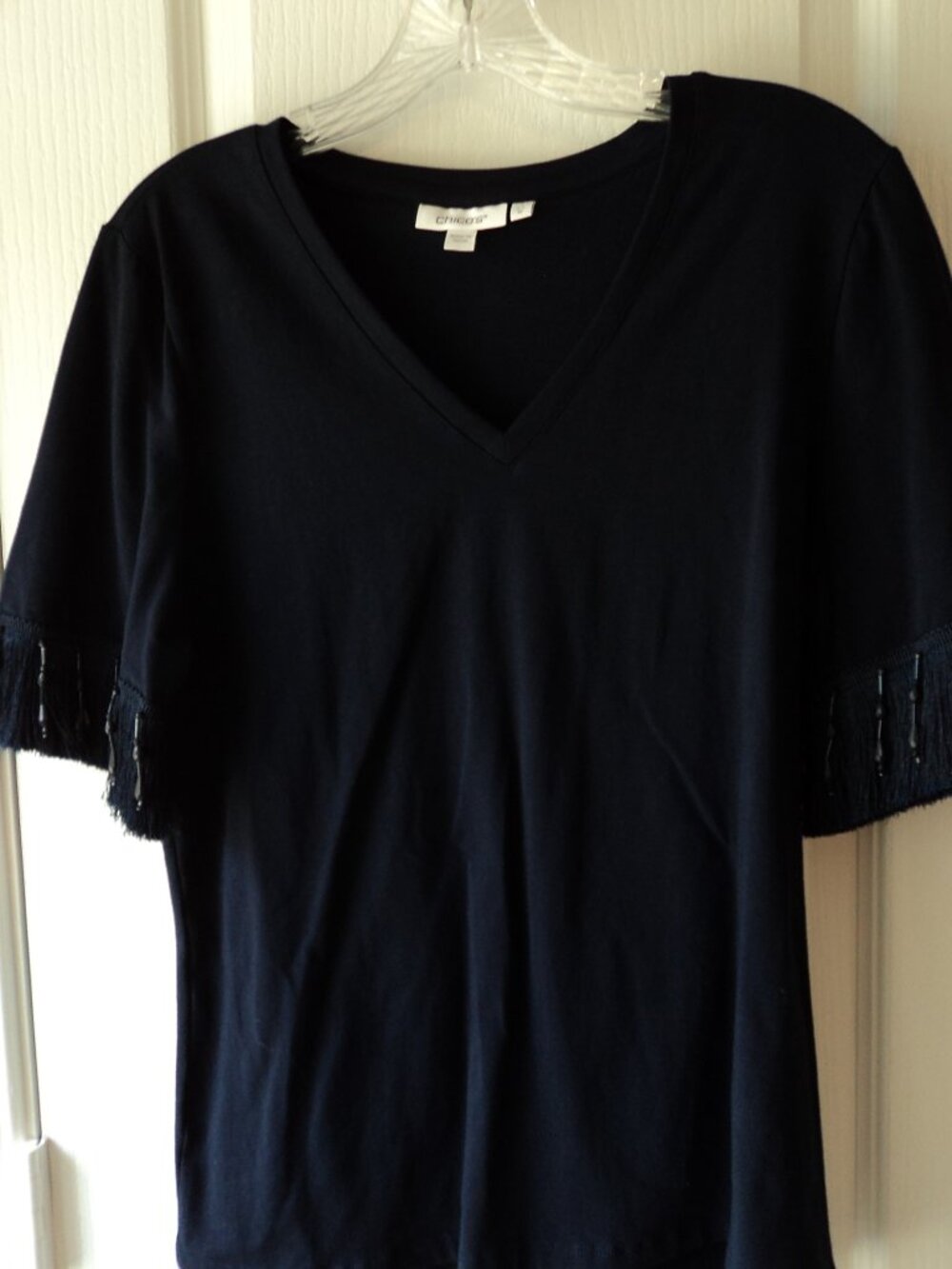 Women's Navy Blue V-Neck Top-Frill Sleeves